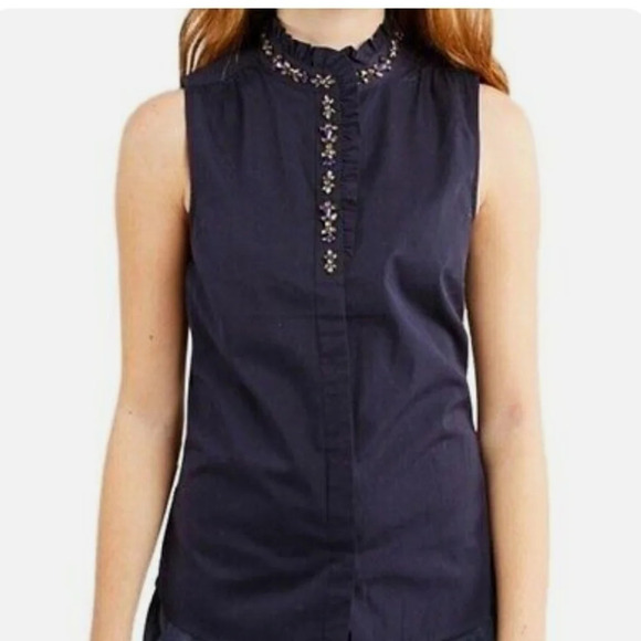 J Crew Navy BlueRuffled Rhinestone Cotton Crystal Sleeveless Blouse Size 00 - Picture 2 of 11
